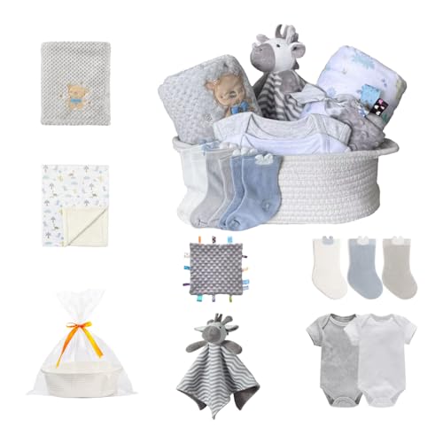 CREVENT Geschenk-Set für Mädchen Jungen - Windel Caddy Organizer Basket mit 2 Decken, 1 Taggie, 1 Lovey, 3 Socken, 2 Baby Bodysuits, 1 Geschenktasche mit Schleife - Newborn Essential Baby Shower