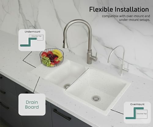 Image of ARQUIN Double Bowl with Drainboard Quartz Kitchen Sink 45x20x9 Inch Sand Pluto | Undermount,Topmount | Including Coupling,Sink Connector,Waste Pipe & Fruit Washing Basket