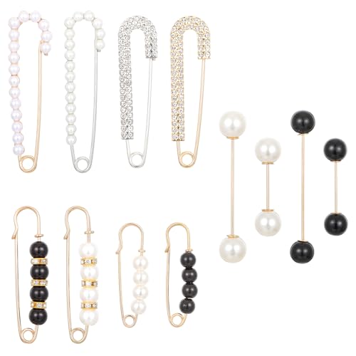12 Stück Schleppennadel Brautkleid, Perlen Broschennadeln Strass Sicherheitsnadel Brosche Clips Kristall Perle Pins Deko Nadeln für Tüchern Pullover Hosen Röcke