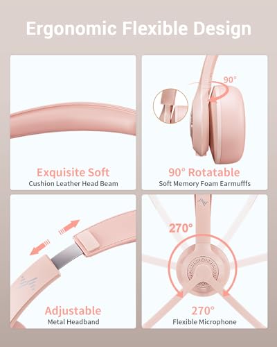 Image of JIAMQISHI Pink Wireless Bluetooth Headset 5.2, AI Noise Cancelling Mic Headphones with USB Dongle Mute for Laptop & Cell Phones
