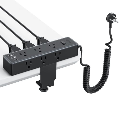 NTONPOWER Standing Desk Power Strip with 6ft Coiled Extension Cord, Desk Clamp Power Strip with 9 AC & 3 USB (USB C), 1200J Desktop Surge Protector, Standing Desktop Accessories, Fit 2.68" T