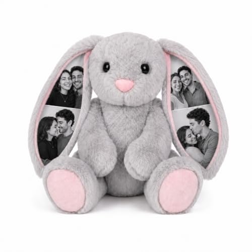 Customizedbee Custom Photo Plush Bunny Personalized Stuffed Animal with Picture on Ears Soft Huggable Bunny Keepsake for Couple Birthday Memorial Gift for Women Men