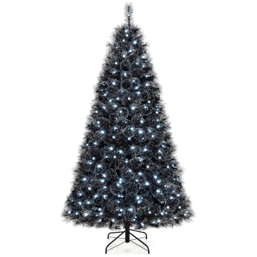 Goplus 7ft Pre-Lit Black Christmas Tree, Artificial Halloween Tree, Hinged Xmas Full Tree with 572 Pine Needles & PVC Branch Tips, 320 Cool White LED Lights, Metal Stand, Home Office Decoration