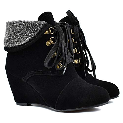VOKLIN Women's Winter Fur Cuff Wedge Ankle Boots Suede Lace Up Round Toe Chunky High Heel Dress Short Booties2