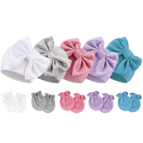 Image of BQUBO Newborn Baby Girls Hats Mittens Set Hospital Hat Beanie Infant Bow Hats Baby Cotton Gloves for 0-6 Months