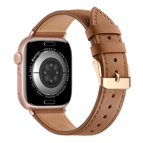 Bestig Leather Bands Compatible with Apple Watch Band 38mm 40mm 41mm 42mm(Series 10 11) for Women Men, Wristband Strap for iWatch SE3/2/1&Series 9 8 7 6 5 4 3 2 1(Brown+Rose Gold)