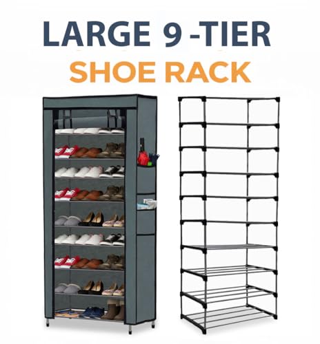 Image of Metal Shoe Stand with Cover, 9 Tier Shoe Organiser for Home & Office - Grey