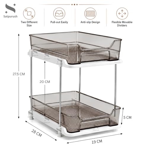 Image of Satpurush 2 Tier Kitchen Organizer Rack for Countertop, Space Saving Multipurpose Organiser with Transparent Trays for Spice Jars, Oil Bottles & Containers, (27.5 x 28 x 19 cm, Smoke Gray)