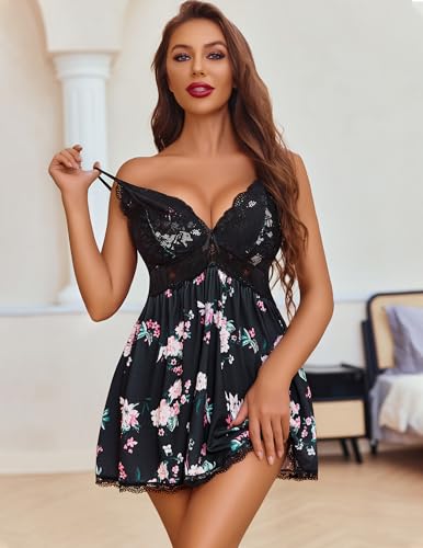 Image of Avidlove Women Chemise Night Gown Lace Modal Sleepwear V-Neck Full Slip Babydoll Lingerie Sexy Nightgowns
