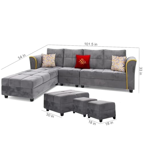 FURNY Melrond 8 Seater Fabric LHS Sectional L Shape Sofa Set with 1 Centre Table & Puffy (Grey)