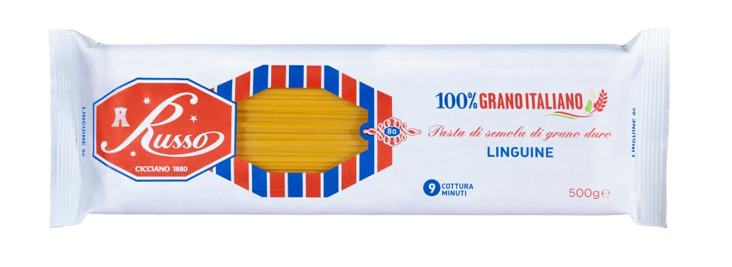 Russo Linguine N°80 Pasta de sémola de trigo duro, 100% trigo italiano, paquete de 500 g + lata de 400 g Italian Gourmet Polpa di Pomodoro