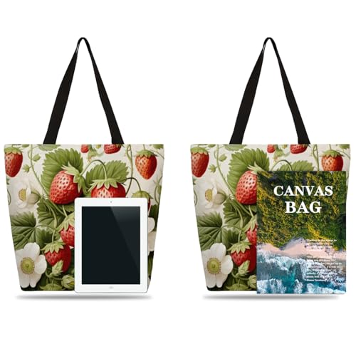 Watercolour Strawberry Large Capacity Canvas Tote Bag Stylish Handheld Shoulder Bag Reusable Shopping Bag for Work Travel Beach Trips Shopping4