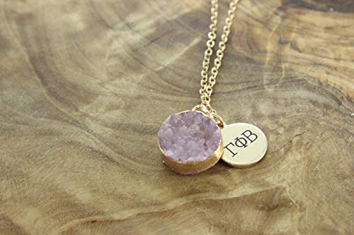 Sorority Shop GPB Necklace - Gamma Phi Beta Pink Druzy Gemstone Necklace With Engraved Pendant – 14K Gold Dipped Jewelry with Pink Gemstone – Sorority Gift, Charm Paraphernalia4
