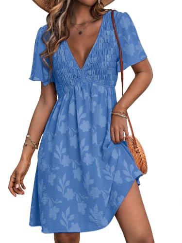 Image of Simplee Womens Summer Casual V Neck Dress Sexy Short Sleeve Mini Sundress Boho Western Empire Waist Pocket Dresses 2026