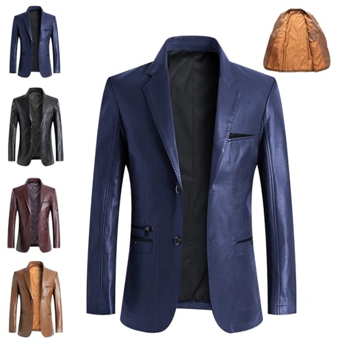 WINDEHAO Blazer de cuero para hombre, piel de cordero real, casual, con solapa, 2 botones, chaqueta delgada para motociclista, chaqueta inteligente para motociclista, azul marino, M