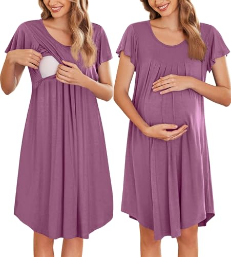 Image of Ekouaer Nursing Nightgown Labor and Delivery Gown Hospital Breastfeeding Dress for Women Short Sleeve Maternity Sleepwear
