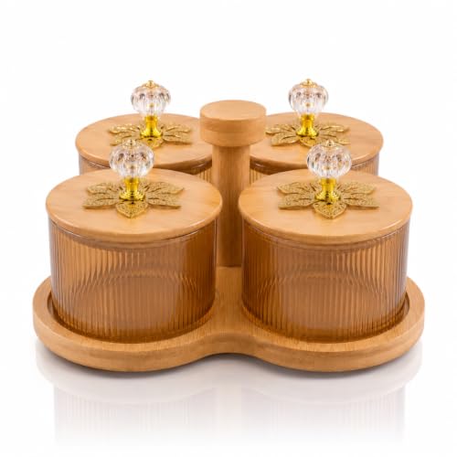 Image of 4 Jar Borosilicate Glass Storage Container Set with 360 Revolving Bamboo Tray (Round Jar with Knob)