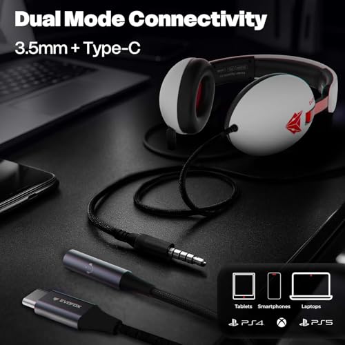 Image of EvoFox Hyperion Gaming Headphones with Mic - White, 50mm Drivers, Immersive Surround Sound, Retractable Mic, Wired (3.5mm + Type-C), Inline Controls, Durable Build with Over Ear Swappable Ear Pads