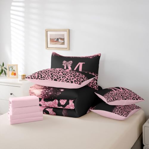 Image of Feelyou Bow Initial Letter M Full Comforter Set with Sheets for Kids Boys Girls Glitter Leopard Print 7 Pieces Bedding Set Girly Bow Bed in a Bag Room Decor Soft Lightweight Microfiber