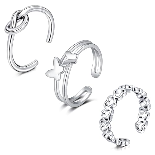 WillTen 3Pcs Bague d'orteil en argent en acier inoxydable réglable Bend Open Toe Ring, Coeur Papillon Bague d'orteil en CZ en forme de feuille Bague d'orteil