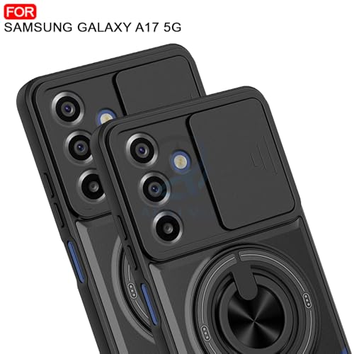 Image of AESTMO Samsung A17 / M17 / F17 / A26 5G Back Cover | Armor Camera Slider 360 Degree Rotating Finger Ring Holder Case with Bracket Stand Back Case Cover (Compatible with MagSafe Accessories) (Black)