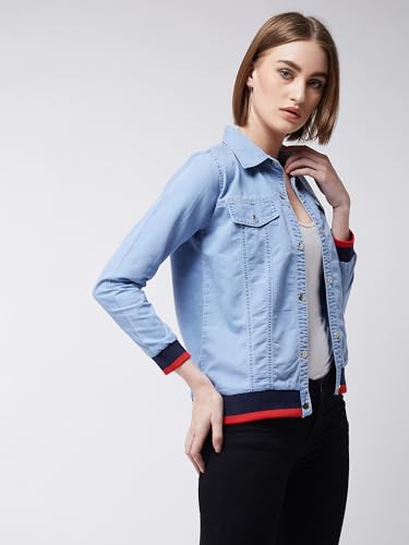 Image of Miss Chase Women's Polo Neck Full Sleeves Patch Pocket Denim Overcoat Knee-Length Jacket