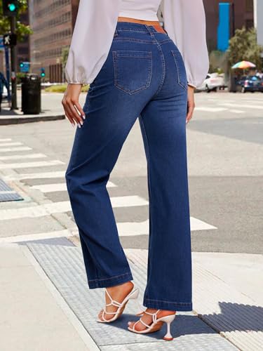 Genleck Wide Leg Jeans for Women – High Waisted Stretch Front Patch Pockets Trendy Jeans Baggy Mom Tummy Control Denim Pants4
