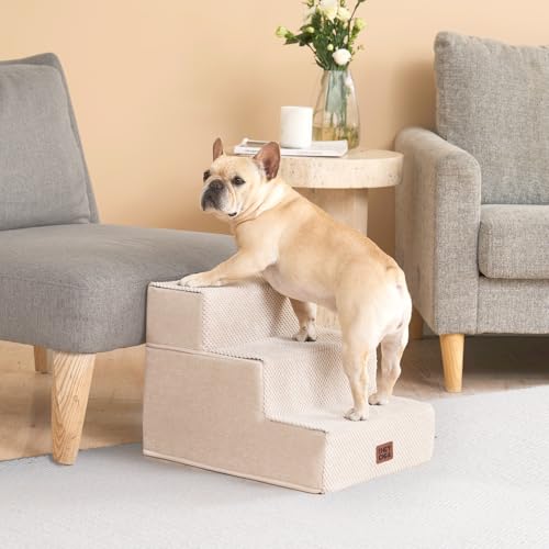 Image of EHEYCIGA Dog Stairs for Small Dogs 13.5 inch H, 3-Step Dog Steps for Couch Sofa and Chair, Pet Steps for Medium Cats, Non-Slip Balanced Pet Ramp Indoor, Beige