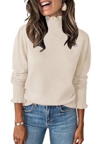 Image of Womens Ruffle Mock Neck Sweater Puff Long Sleeve Fall Trendy Pullover Tops | Fall Winter Clothes, Soft, Business Casual Outfits, Trendy Fashion, Knitted Shirts