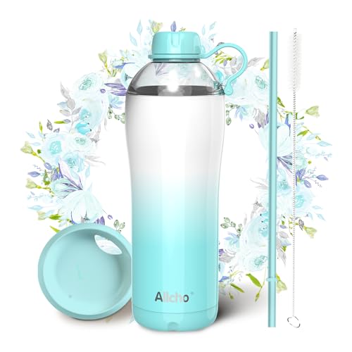Image of Insulated Water Bottle for Women, 24 oz Stainless Steel Water Bottles, Double Walled, 2 Lids (Chug & Tumbler) - Hydrate & Caffeinate,Available Gift Wrapping