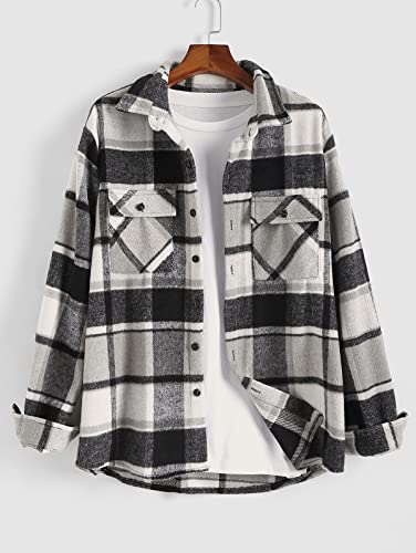 Image of ZAFUL Unisex Plaid Flannel Shirt Jacket Button Down Long Sleeve Pocket Coat Outwear | Mens Fall Clothes Lightweight Long Sleeve Button Down Flap Pocket Jacket Tops for Fall&Winter 2026