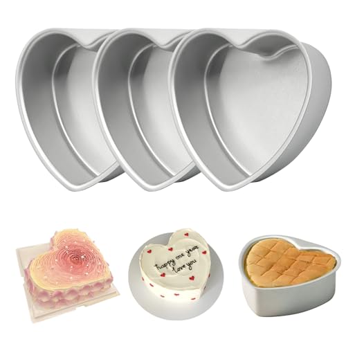 EQUNROY 6 Inch Heart Cake Pan - 3 Pack Aluminum Heart Shaped Baking Pans for Valentines Day Wedding Birthday Party - Nonstick Cake Mold for Oven DIY Desserts
