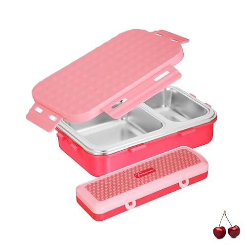 Image of Trueware Crest Lunch Box 2 Compartment Leak-Proof BPA Free Stainless Steel, Lunch Box for Kids, Lunch Box for School & Office with a Spoon, 580 ML (LBK-Crest-Pink BAZ)