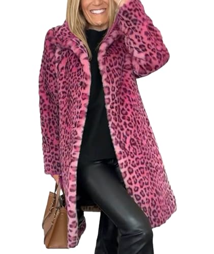 Sexyshine Women's Faux Fur Leopard Coat Winter Fall Lapel Collar Fuzzy Furry Open Front Fleece Fur Jackets
