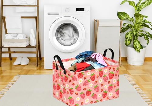 Image of Kid Storage Basket Gift Shelf Basket Toy Storage Bin, Nursery Basket Organizer Box for Children Room Deco With Handles (Strawberry)