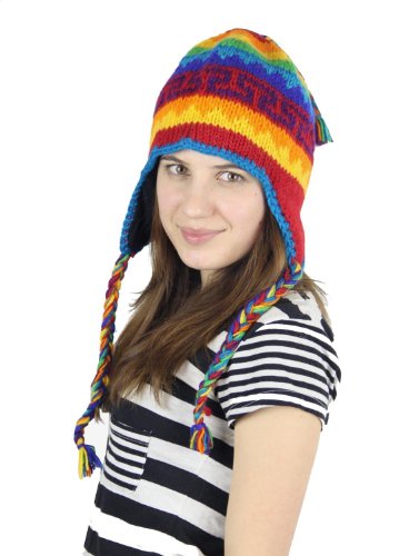 KayJayStyles Rainbow Nepal Hand Knit Ear Flaps Beanie Ski Fleeced Hat
