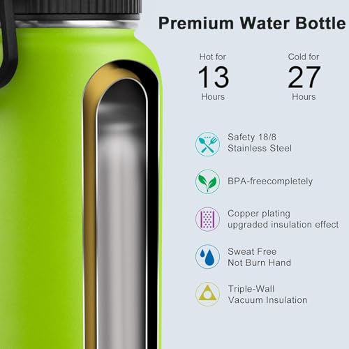 Image of koodee Water Bottle-32 oz Stainless Steel Vacuum Insulated Water Bottle with Straw Metal Sports Flask for Adults (Apple Green)