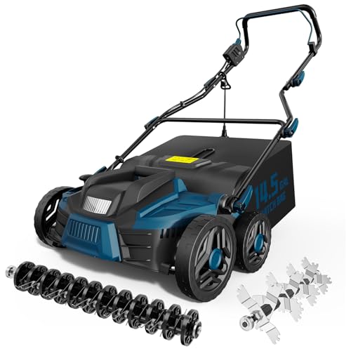 TIECTOWN 2025 Upgrade 16-Inch 15.5 Amp 2-in-1 Electric Dethatcher and Scarifier with 14.5-Gallon Collection Bag, Lawn Dethatcher with 5-Position Depth Adjustment, Keeps Lawn Healthy - Steel Blue