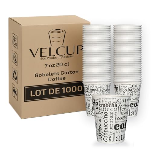 VELCUP Lot de 1000 gobelets jetables en carton design coffee 7 oz (200 ml / 20 cl) – renforcé 4,2 g par unité, résistants à la chaleur, idéals pour...