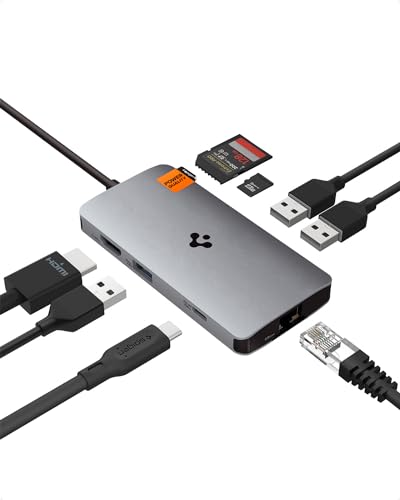 Spigen ArcDock USB C Hub, 8-in-1 100W PD 3.0 4K 60Hz HDMI Port 5Gbps USB C and 3 USB A Data Ports Ethernet Port microSD/SD Card Reader for MacBook Pro Air M1 M2 Steam Deck Dell XPS