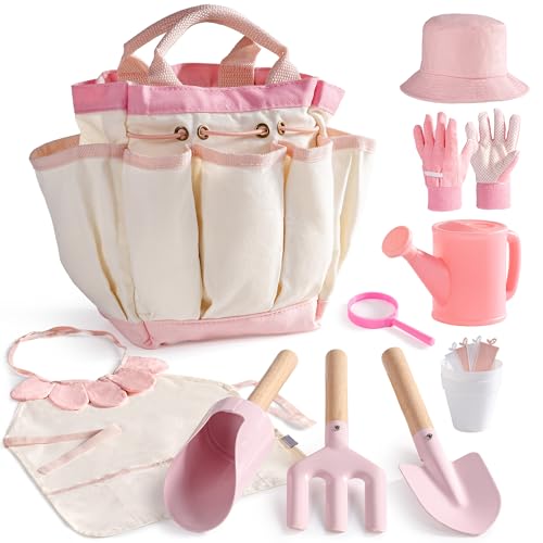 ROBOTIME Gartenset für Kinder, 18-teiliges rosa Blumengarten-Werkzeugset für Kleinkinder mit Gießkanne, Handschuhen, Schürze, Hut und Tasche für Jungen und Mädchen ab 3 Jahren