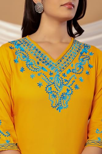 Image of Rayon Kashmiri Embroidered Short Kurti for Women | V-Neck Tunic Top with 3 /4 Sleeves | Floral Design Indo-Western Kurti for Jeans & Leggings