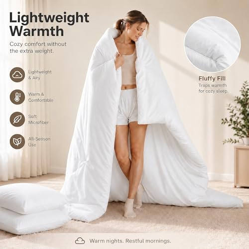 Image of weigelia King Size Comforter Set Soft Microfiber 3 Piece Comforters Set for Men, Women and Girls White Lightweight Alternative Comforter for All Season (1 Comforter, 2 Pillowcases)