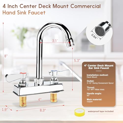 Commercial Bar Sink Faucet 4 Inch Center Deck Mount, 3-1/2" Gooseneck Swivel Spout Hand Sink Faucet, 2 Hole Brass Constructed & Chrome Polished with Dual Lever Handles