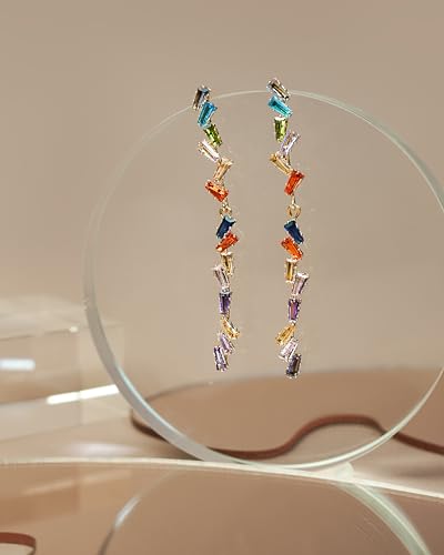 Dainty Long Colorful Gemstone Linear Drop Earrings by SNGIA, Multi Color Rhinestone Stud Statement Earrings, Trendy Chic Boho CZ Gold Plated Jewelry Gift for Women.3