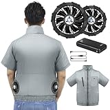 [Sumeriy] 空調作業服 半袖 30000mAhバッテリー付き 超高出力 超長連続使用時間 ファン付き作業服 4段階風速調節 大風量 ファンバッテリーセット 薄型 吸汗速乾 UVカット 暑さ/熱中症対策 屋外作業 在宅 通勤 男女兼用(L, グレー)