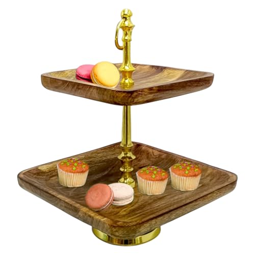 Image of 2-Tier Wooden Dessert Stand with Gold Metal Frame - Elegant Square Tray Display for Cakes, Cupcakes, Pastries - Perfect for Parties, Weddings