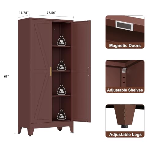 Image of LCAOPC 61 inch Tall Farmhouse Metal Pantry Cabinet, 4-Tier Freestanding Kitchen Storage Cabinet with 3 Adjustable Shelves for Living Room, Dining Room and Office, Maroon Red-Brown