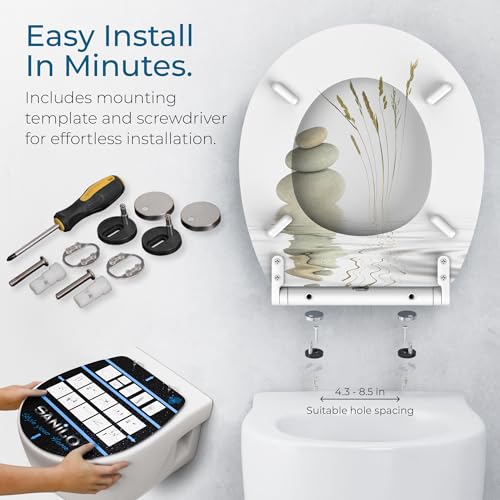 Image of Sanilo Wooden Toilet Seat with Quick Release & Soft Close [ROUND] - Decorative & Slow Close Molded Wood Seat - With One Click for Easy Installation & Cleaning - With Adjustable Fit (Balance)
