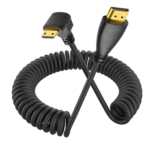 YACSEJAO Cable en espiral Mini HDMI de 90 grados Mini HDMI macho a HDMI macho Cable en espiral alargado para cámaras, DSLR digitales, videocámaras, pantallas y monitores portátiles (ángulo arriba)